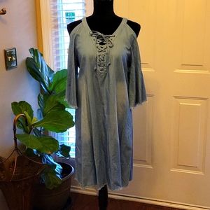 Moda Me Couture blue chambray cold shoulder fringe hem aline dress Medium …New